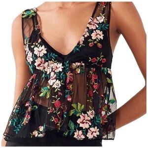 Ecote Black Floral Baby Doll Embroidered Top XS Boho Indie Layering Piece